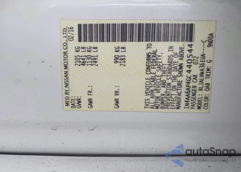 2016 Nissan Maxima 3.5 Platinum/3.5 S/3.5 Sl/3.5 Sr/3.5 Sv z USA, uszkodzony, nr VIN 1N4AA6AP4GC440544